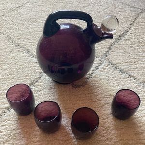 Cambridge glass vintage purple decanter Vase and glass set with etched monogram